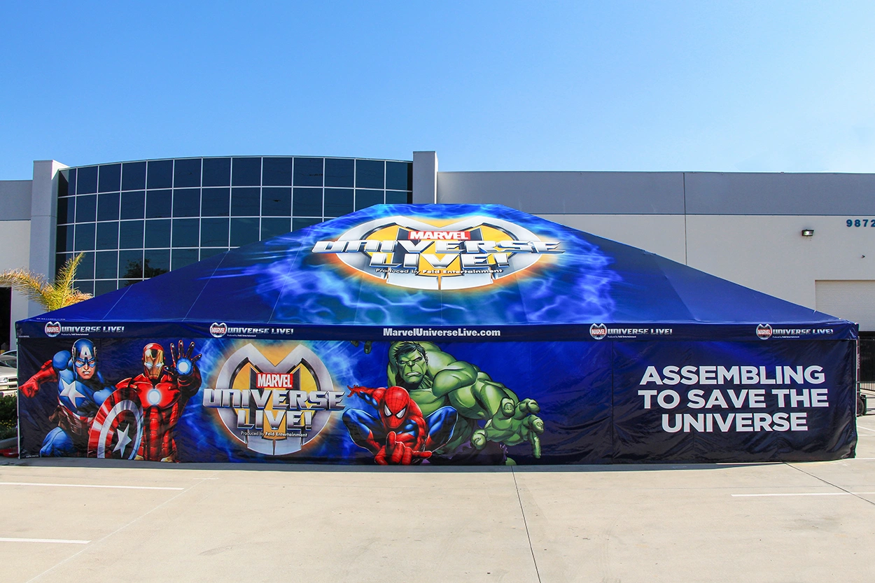 Marvel Universe Live branded frame tent with custom graphics and full sidewall coverage