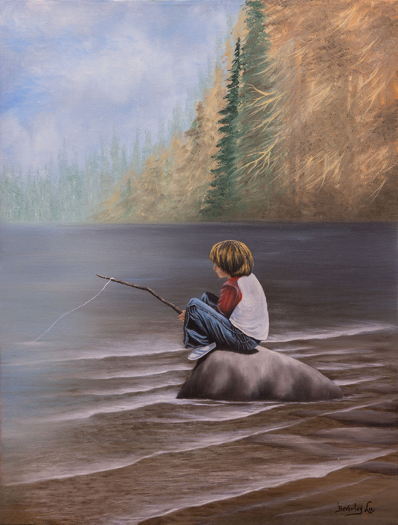 a boy with a home made fishing rod sitting on a road on the lake fishing