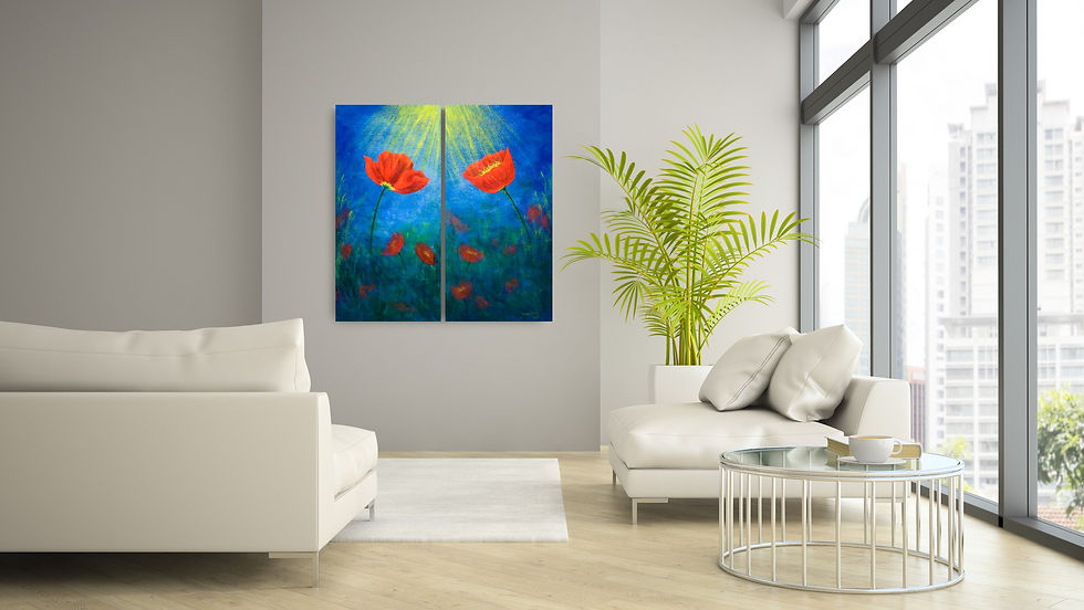 two tulips abstract with sun beams original painting staged in a home