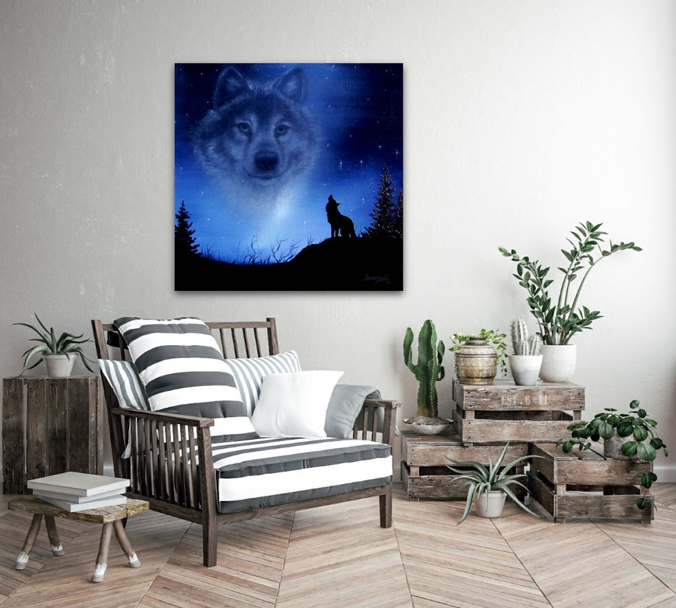 a spirit wolf in the sky with a lone wolf on a hill at night original painting staged in a home
