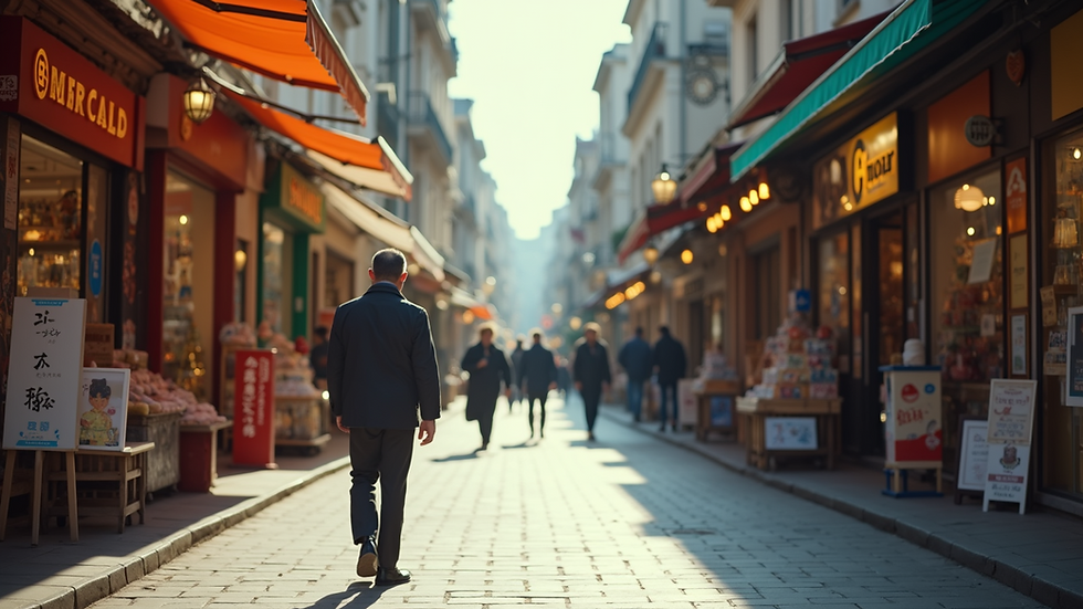 High angle view of a vibrant shopping street with various stores