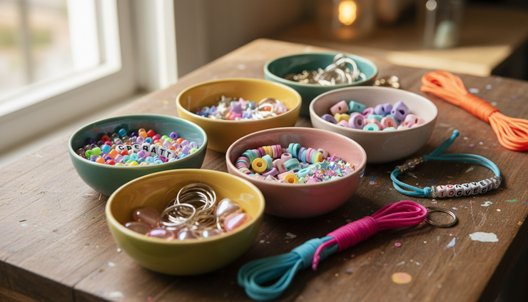 Close-up of colorful beads sorted in small bowls for keychain making
