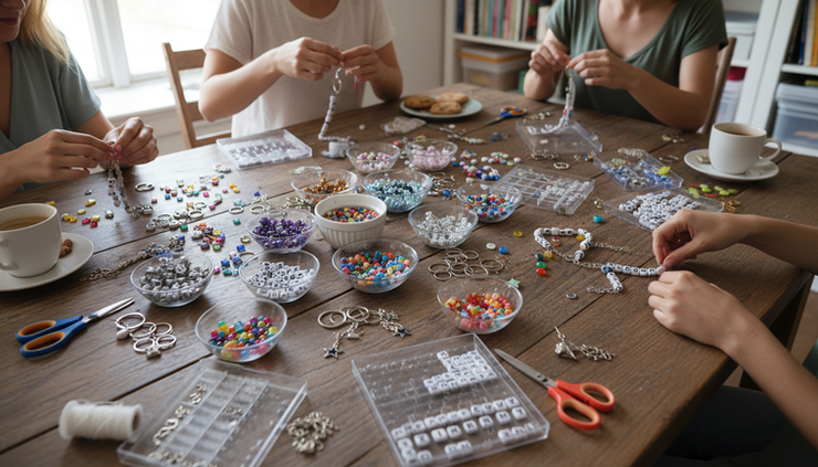 Wide-angle view of friends making beaded keychains around a craft table