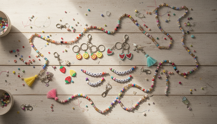 Overhead view of handmade beaded keychains displayed together after a craft night