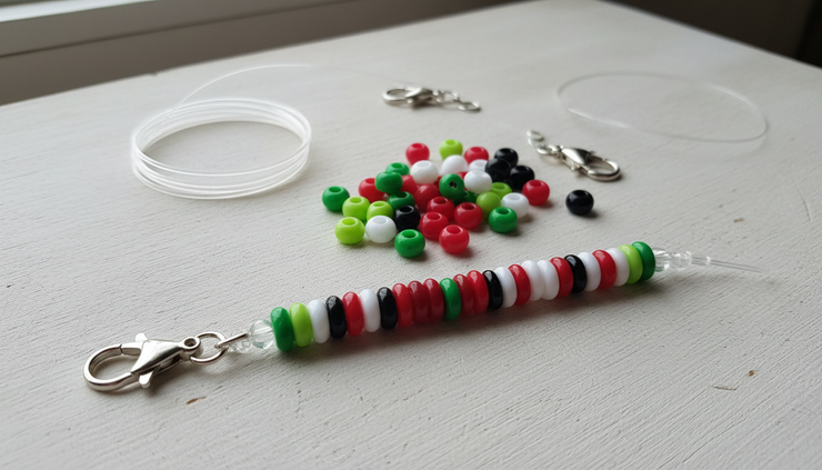 Eye-level view of a finished watermelon beaded charm beside loose fruit-colored beads