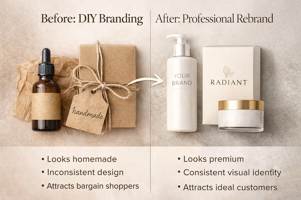 comparison chart, diy brand is homemade, inconsistent design, attracts bargain shoppers. Right side Professional rebrand - looks premium, consistent visual identity, attracts ideal customers