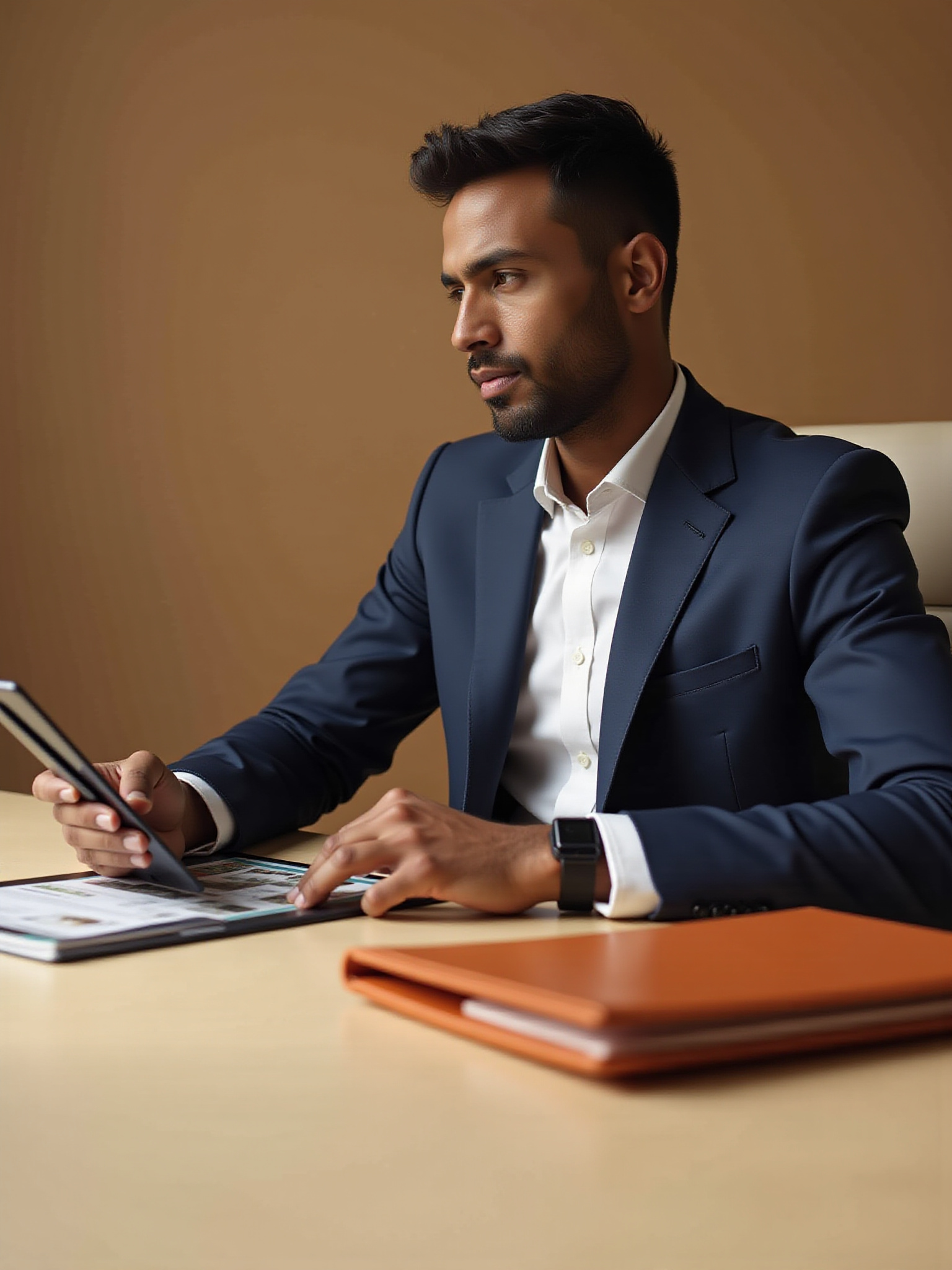 Man in suit working at desk with tablet