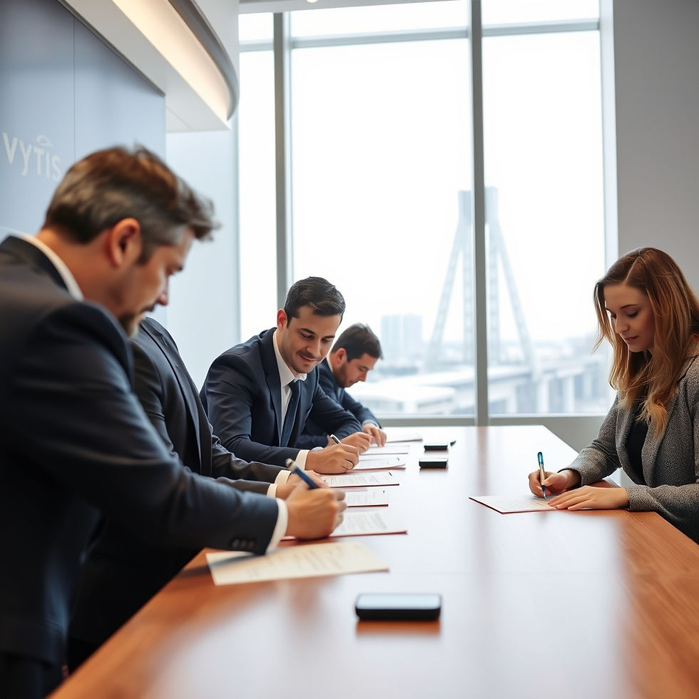 Clients and loan officers signing bridge loan paperwork at a conference table.





