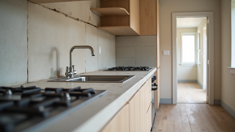 Close-up view of renovation work on a duplex kitchen