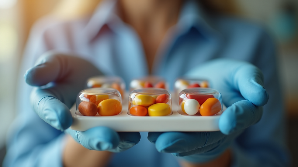 Close-up view of a person holding a pill organizer with various medications