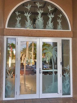 Clubhouse, Entryway design, tropical, 2 entry doors with 2 large fixed panels and half moon transom.