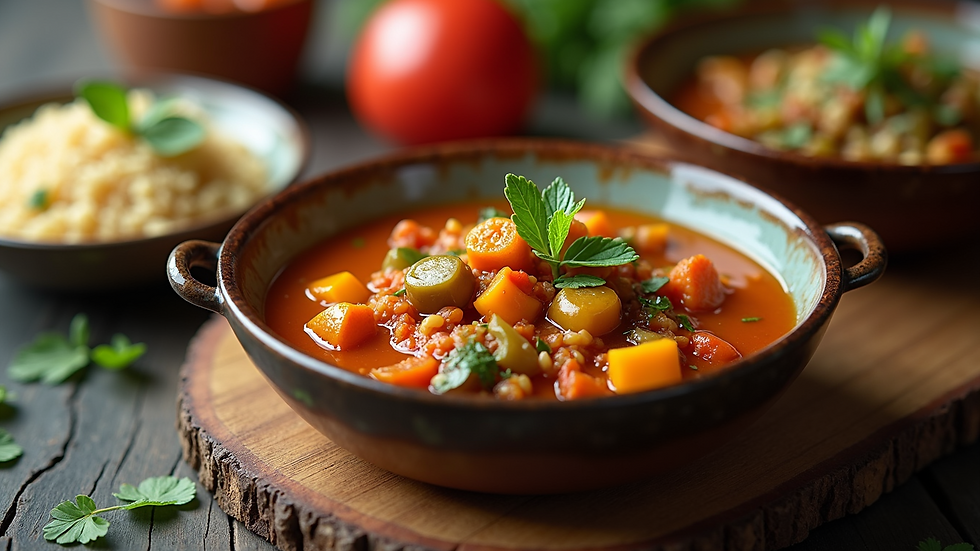 High angle view of a colorful vegetable stew called Santula