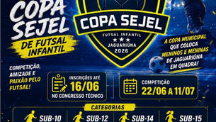 Prefeitura de Jaguariúna abre inscrições para a 2ª copa Sejel de futsal infantil.