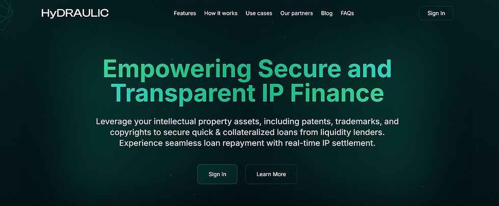 Text promoting secure IP finance on a dark green background. Mentions leveraging IP assets for loans. Includes "Sign In" and "Learn More" buttons.