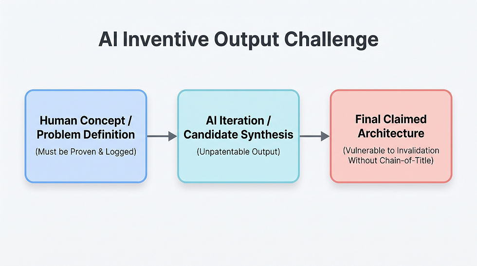 Slide titled AI Inventive Output Challenge shows three colored boxes linked by arrows: human concept, AI synthesis, final architecture.