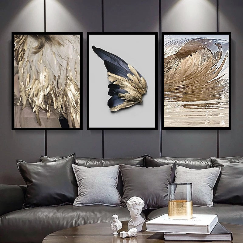 Gold Feather Abstract Canvas Print with Frame (Set of 3)