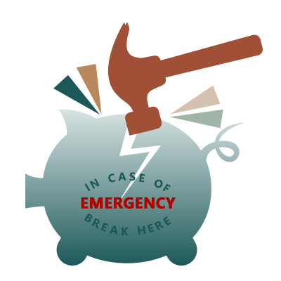 Hammer breaking piggy bank with text "IN CASE OF EMERGENCY BREAK HERE"