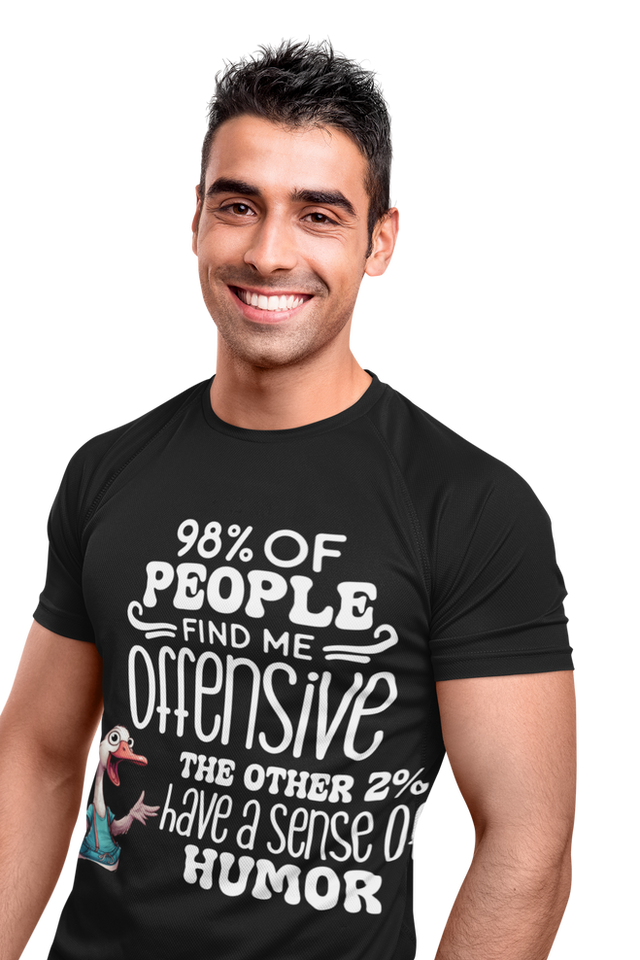 Smiling man wearing a t-shirt about having a sense of humor.