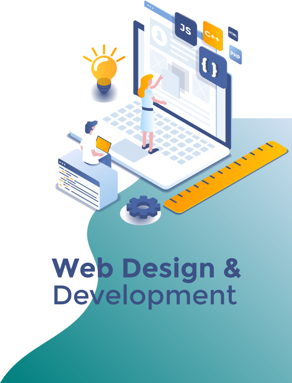 Web Design & Development: woman working on laptop, Website Development, lightbulb, and documents.