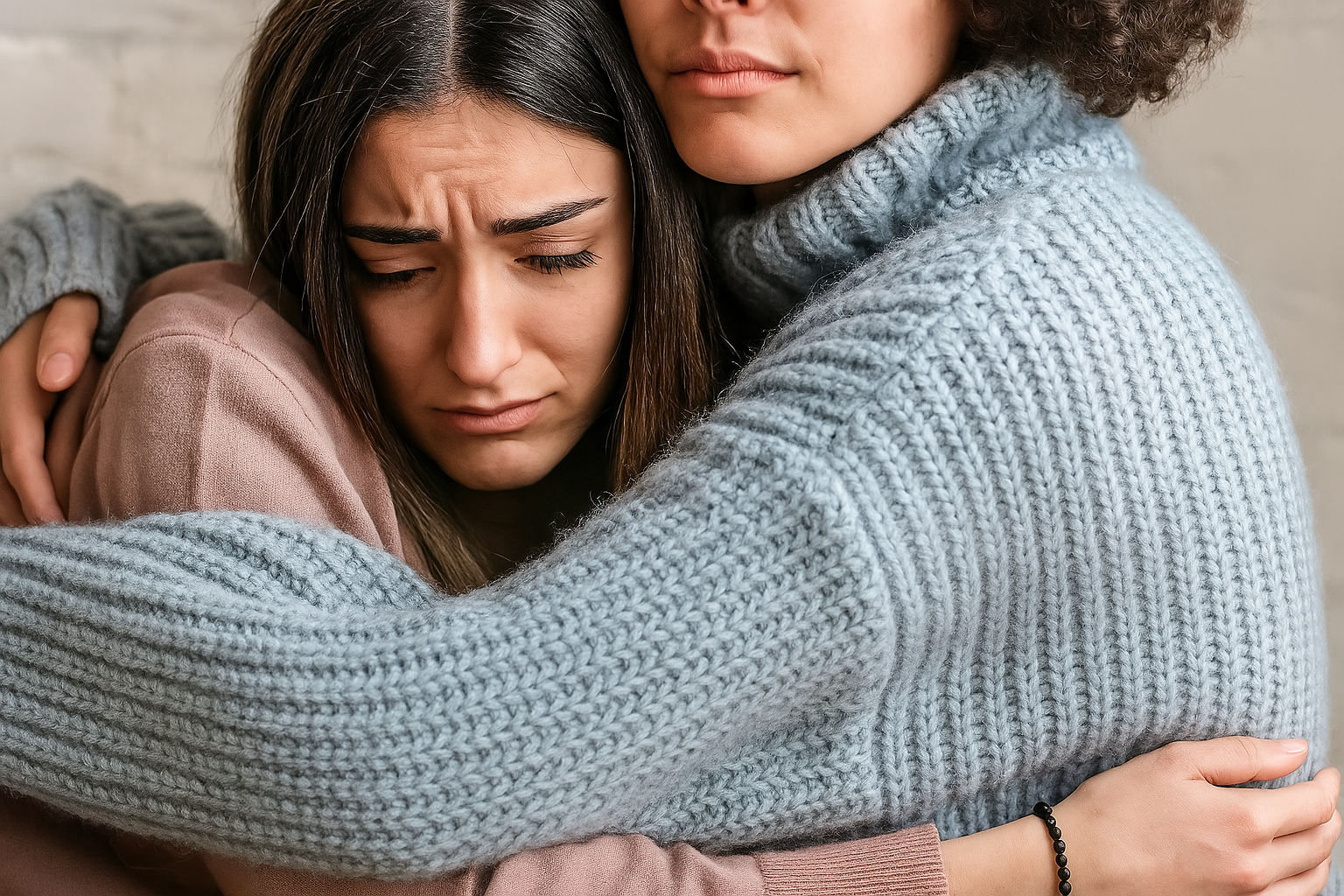a woman in distress, looking very worried and sad, being help by another woman , conforting her.