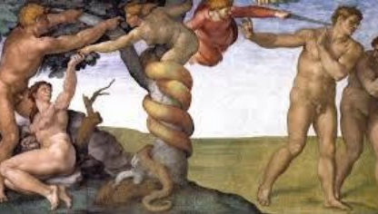 Cena bíblica pintada com estilo renascentista, representando Adão e Eva sendo tentados pela serpente enrolada na árvore do conhecimento, com um anjo os expulsando do Éden após comerem o fruto proibido.