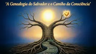 Árvore da vida com raízes e galhos que formam um coração, simbolizando a genealogia do Salvador e o caminho da consciência,"A Genealogia do Salvador e o Caminho da Consciência" em destaque, luz dourada ao fundo, representando espiritualidade e crescimento interior.