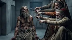 Cena sombria em um corredor: homens com vestes antigas seguram as mãos estendidas em direção a uma criatura ferida e desfigurada sentada no chão, com clima de tensão e terror.