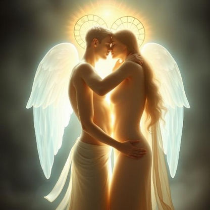 Dois anjos, masculino e feminino, se abraçam intimamente sob uma luz dourada intensa, com asas brancas e auréola em forma de coração atrás de suas cabeças, transmitindo amor divino e união sagrada.