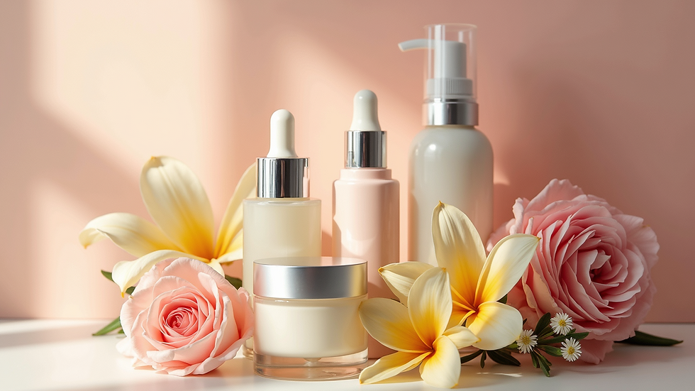 High angle view of organic skincare products arranged with fresh flowers