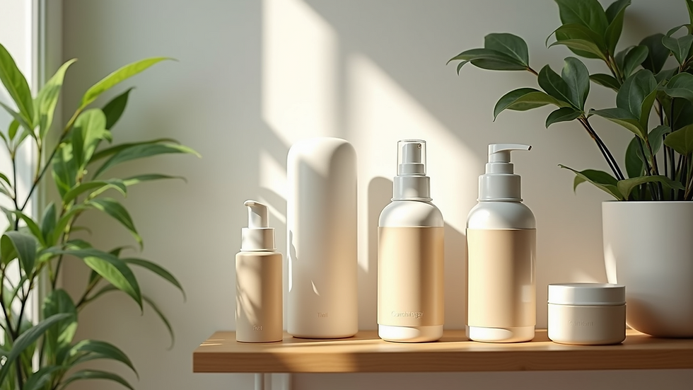 Eye-level view of a wooden shelf with natural skincare bottles and plants
