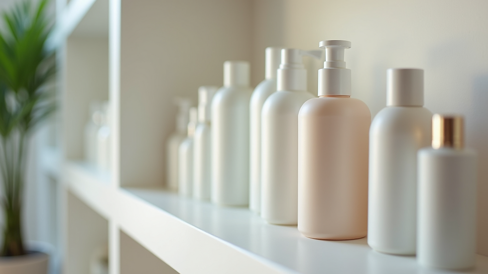 Eye-level view of clean skincare products aligned on a shelf