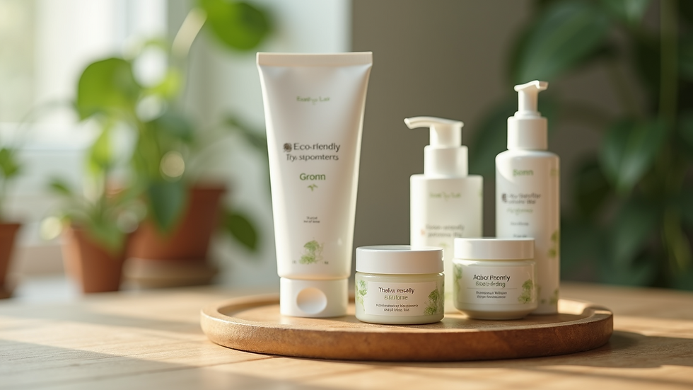 Eye-level view of eco-friendly skincare product packaging on wooden table