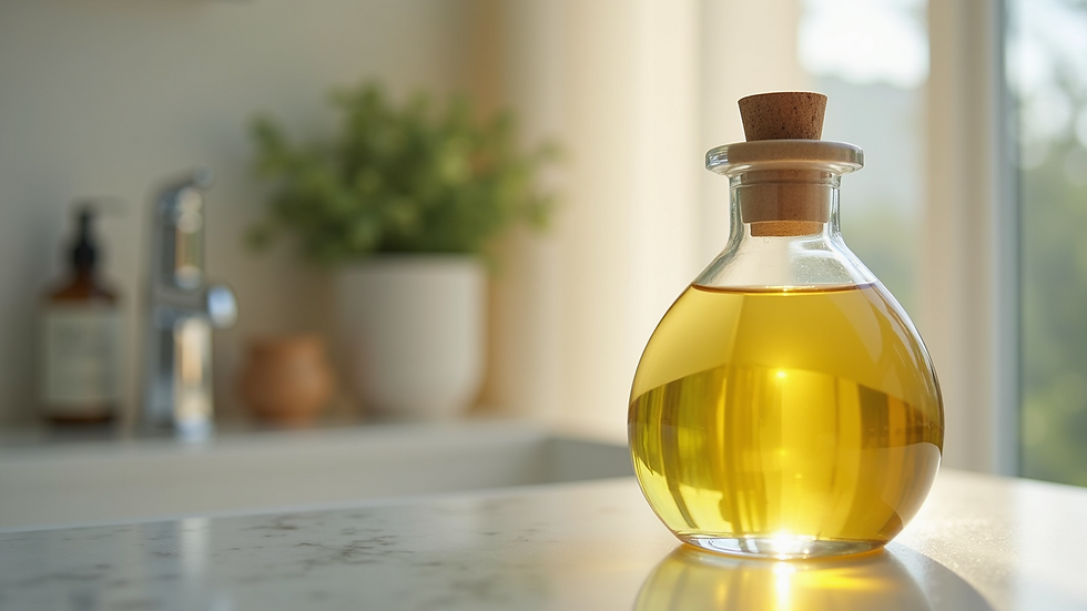 Eye-level view of a bottle of natural oil on a bathroom counter