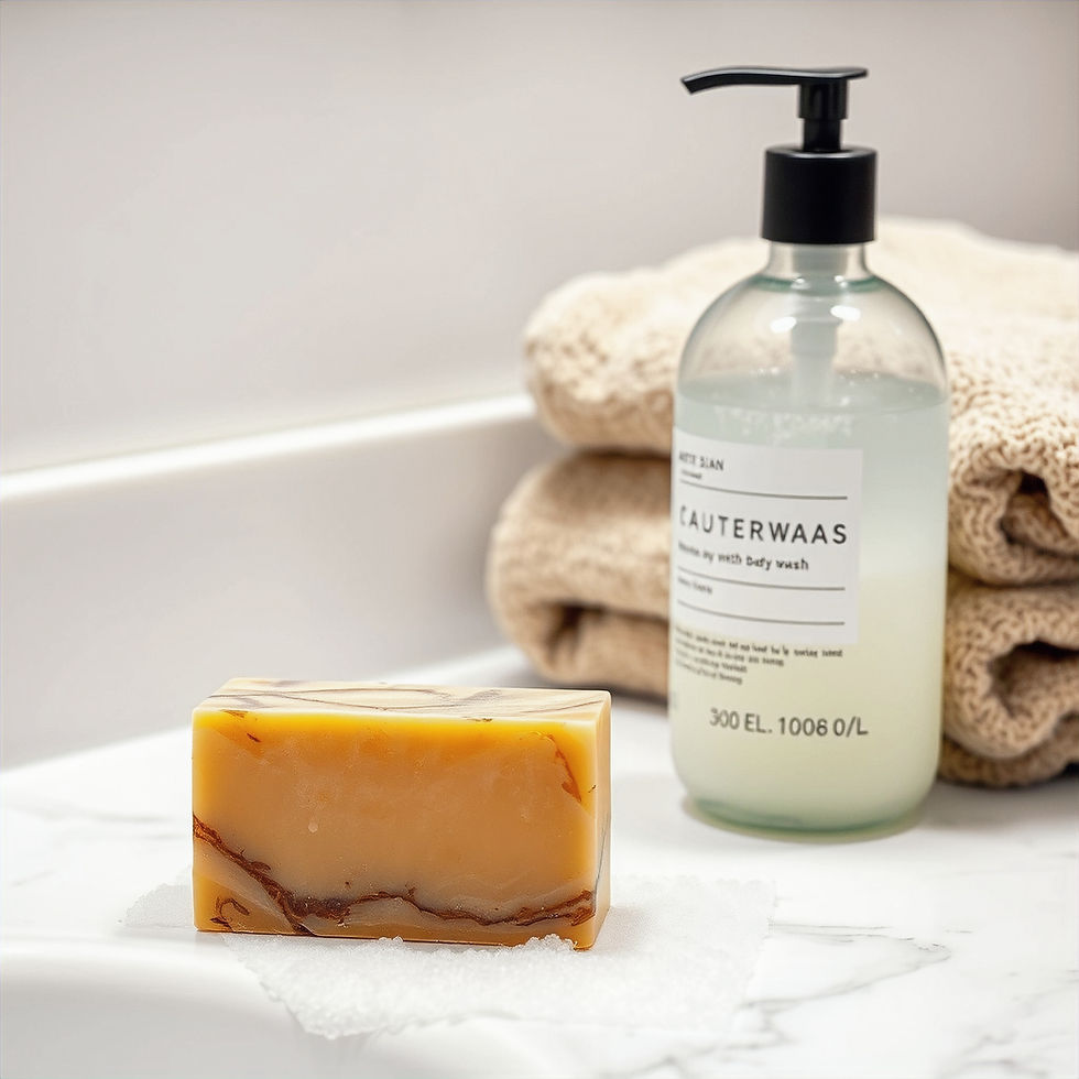 artisan soap bar next to body wash bottle