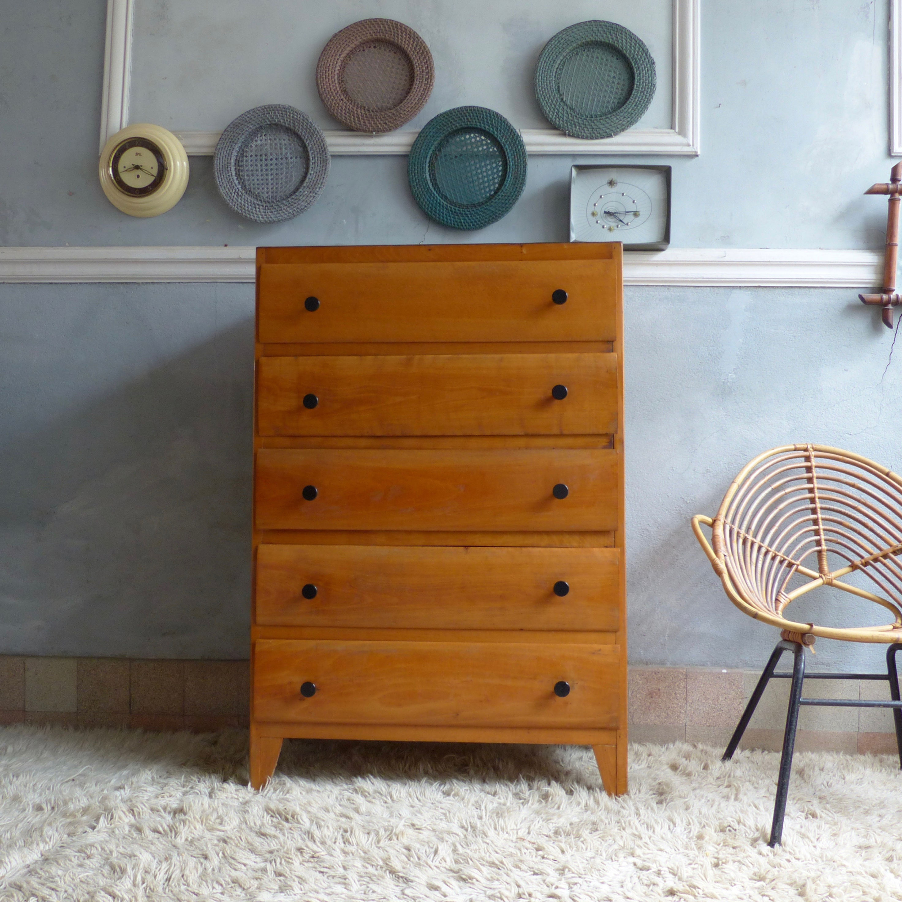 Commode chiffonnier vintage pied compas 5 tiroirs