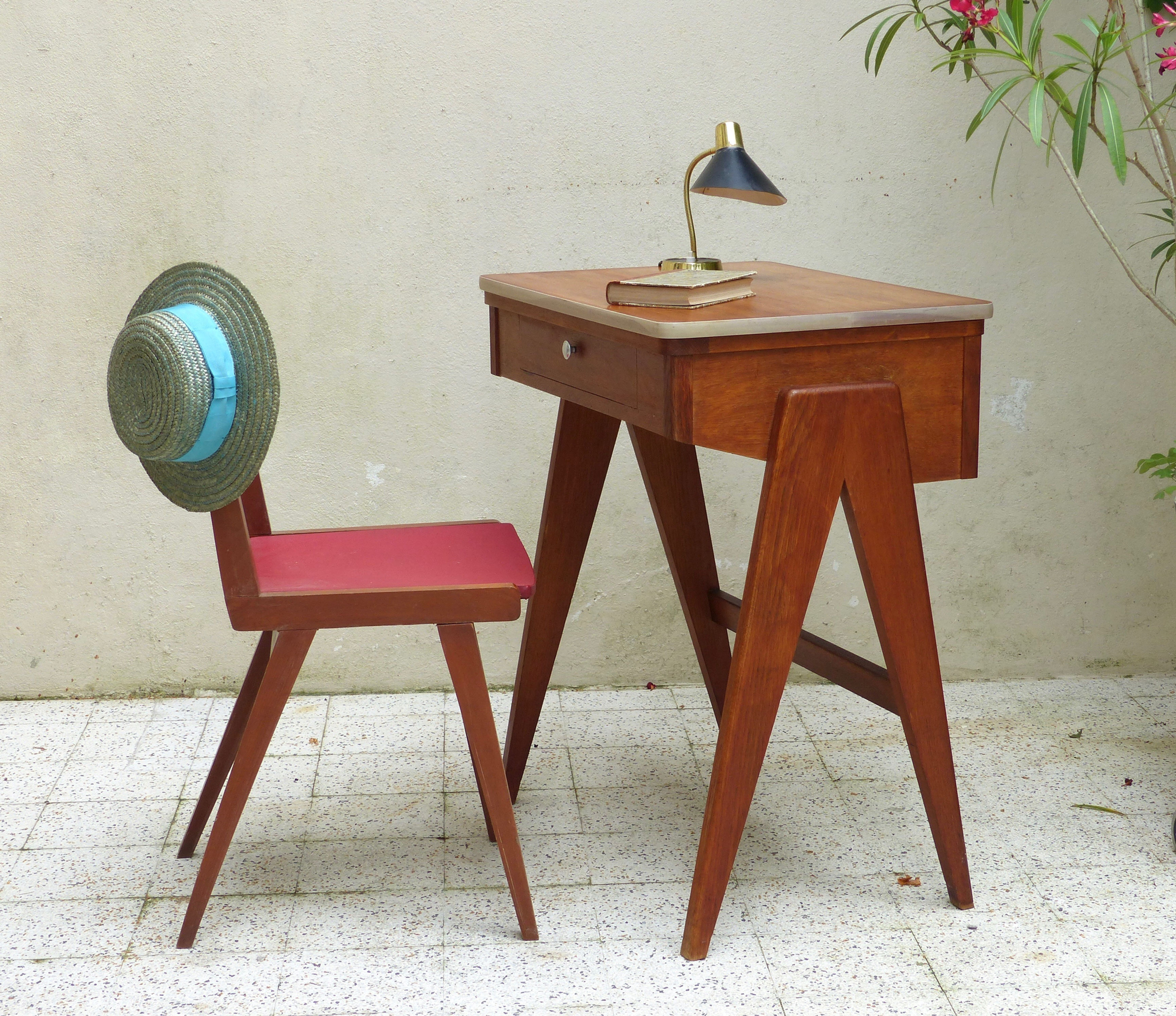 RESERVÉ - Bureau vintage en chêne pied compas