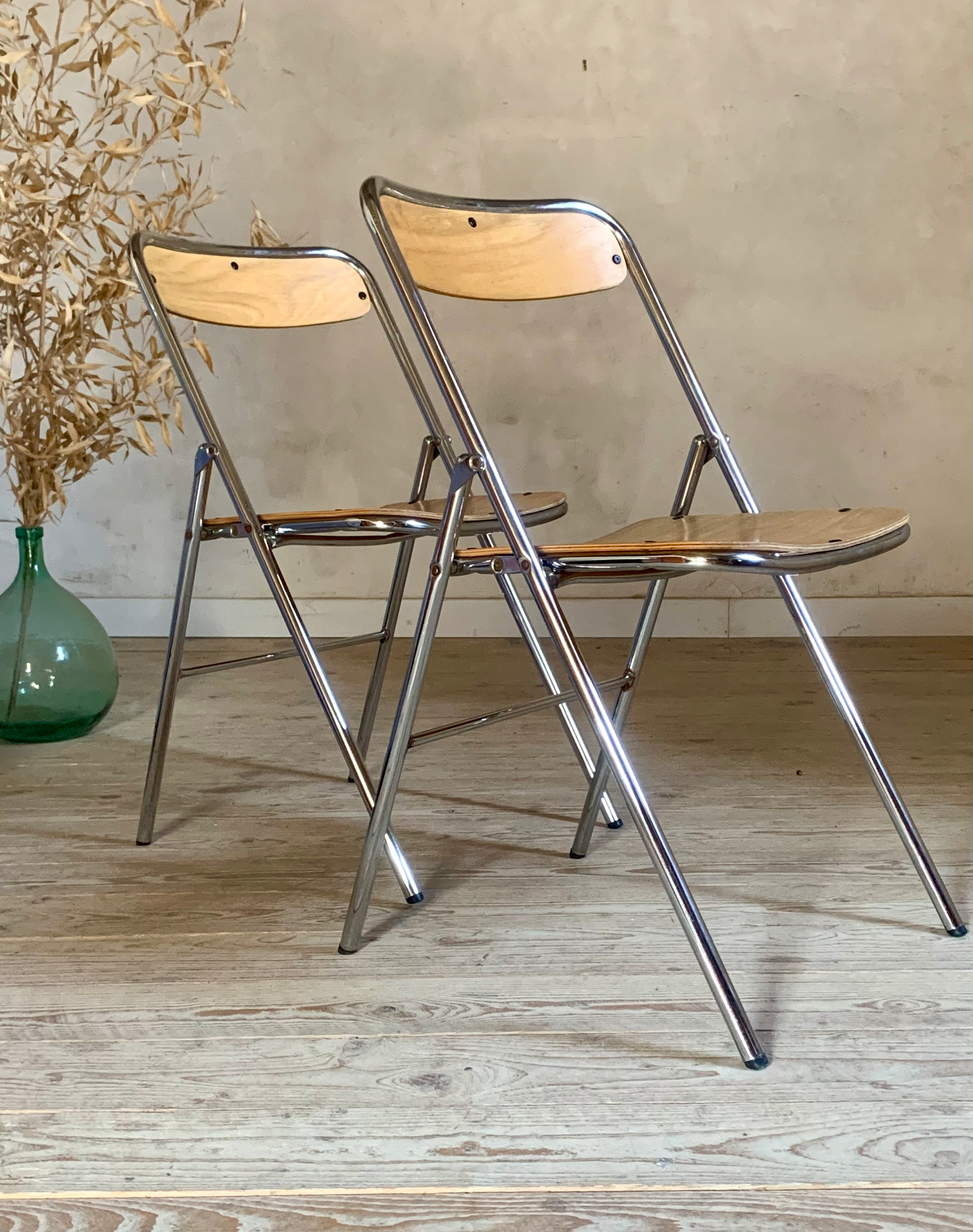 Chaises vintage pliante en chrome et bois