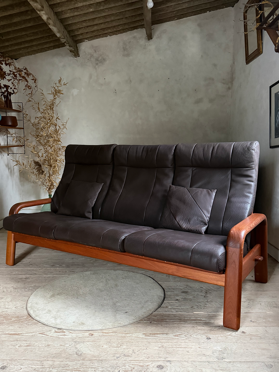 Miniature : Canapé Banquette 3 places scandinave teck et cuir
