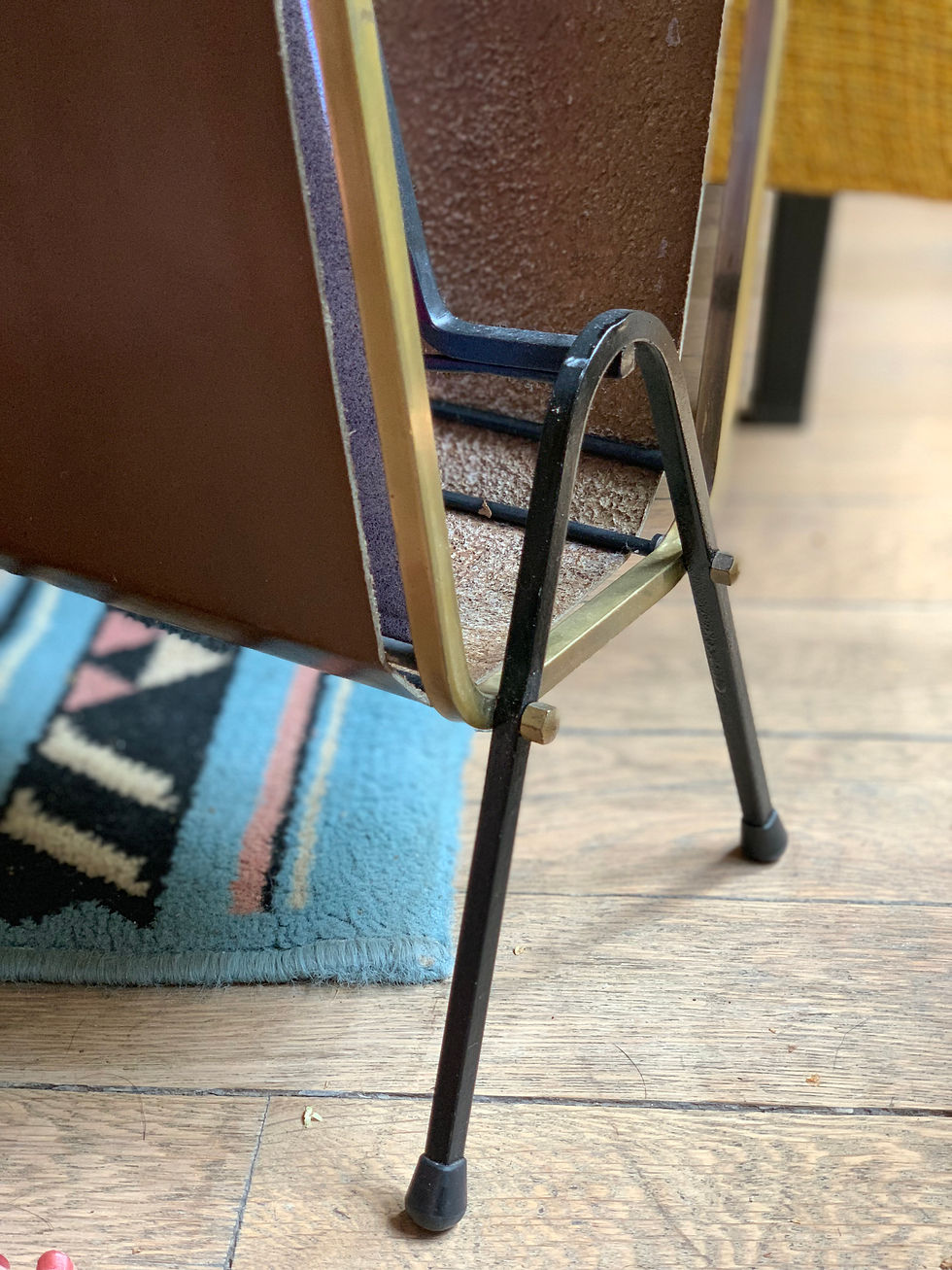Miniature : Porte-revue vintage en cuir, laiton et teck