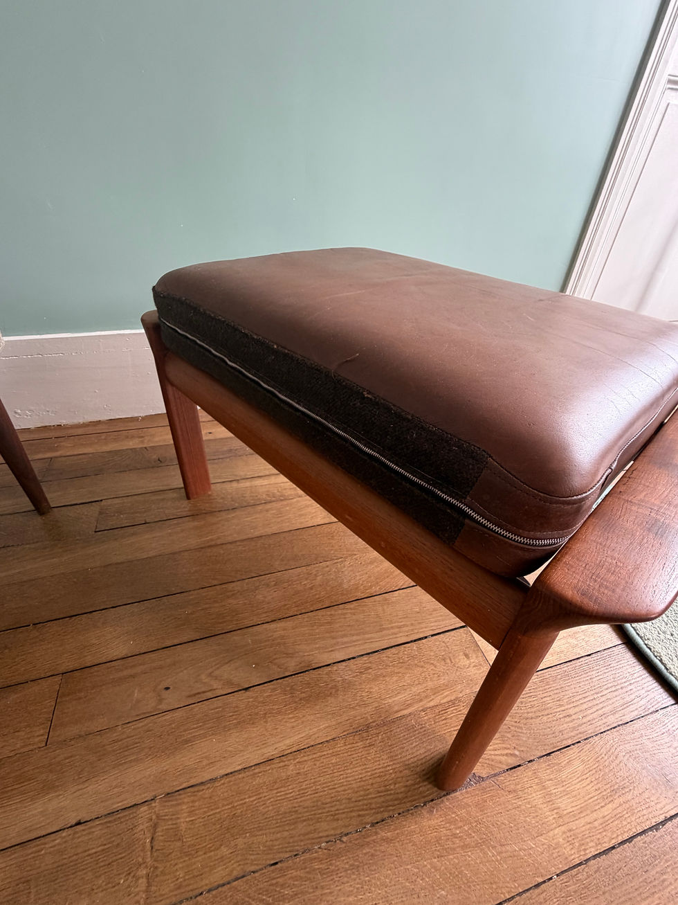 Miniature : Ottoman tabouret teck et cuir scandinave vintage 