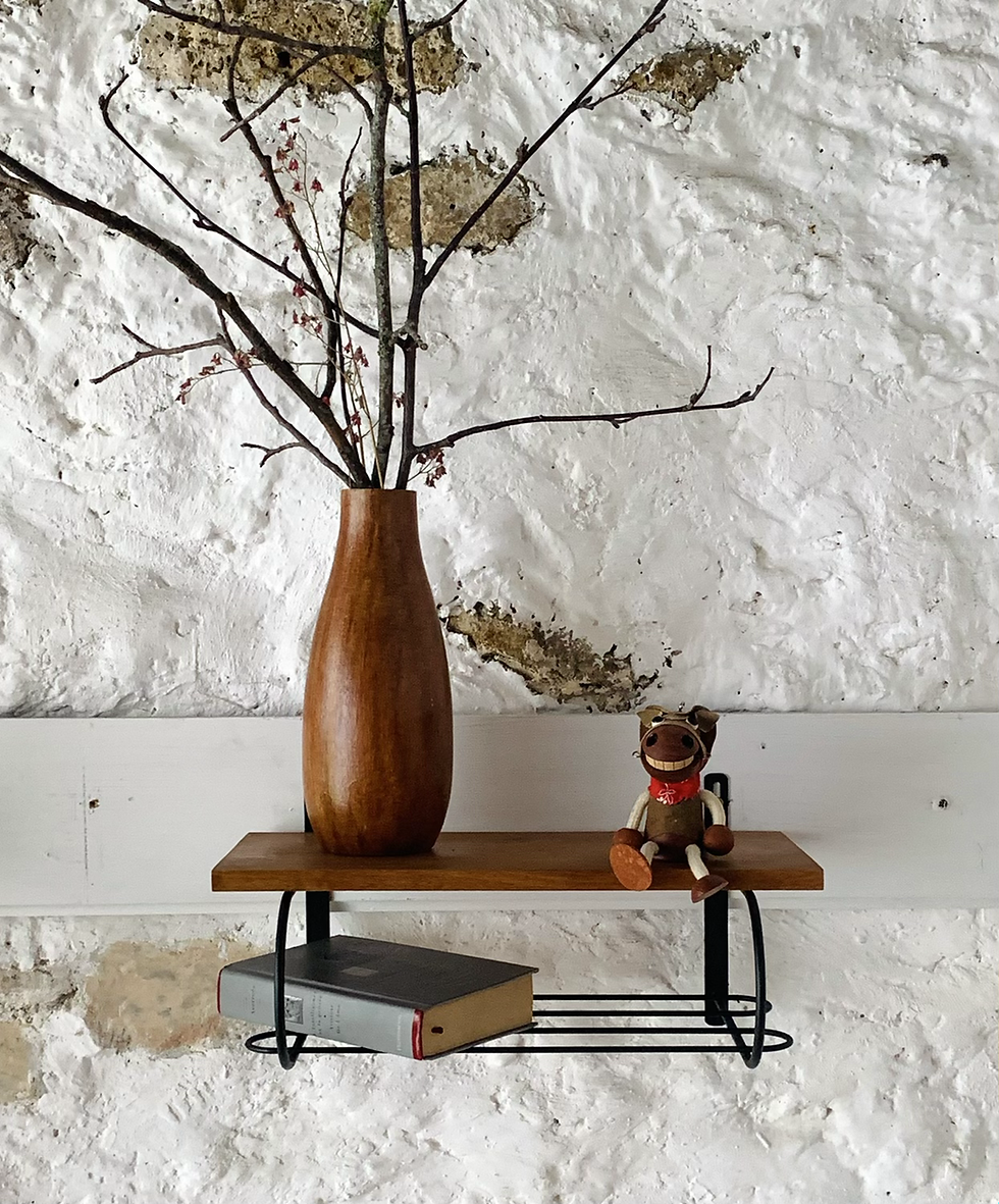 Miniature : Etagère murale vintage en chêne et métal - table de chevet suspendue
