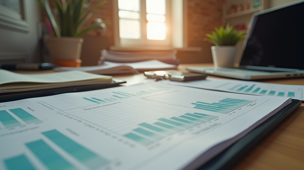 High angle view of a home office with financial documents