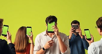 People with smartphones covering their faces, symbolizing online interaction and data privacy