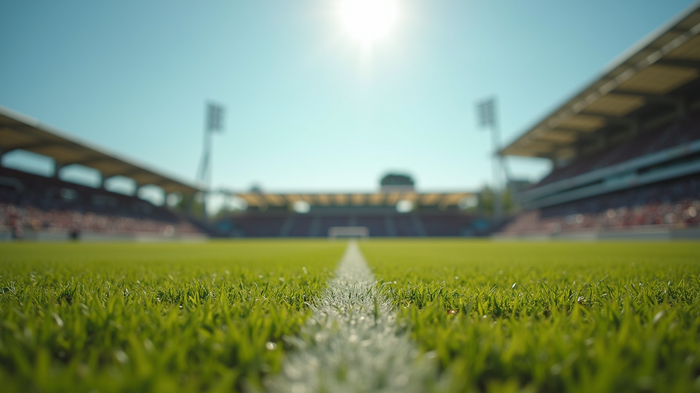 Eye-level view of a football pitch during a sunny day