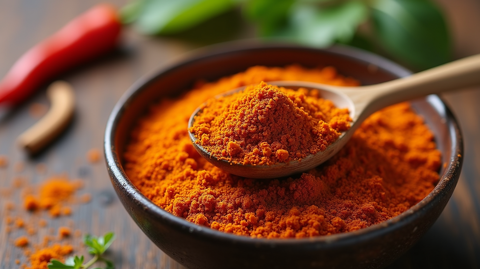 High angle view of a wooden spoon scooping vibrant seasoning blend from a bowl