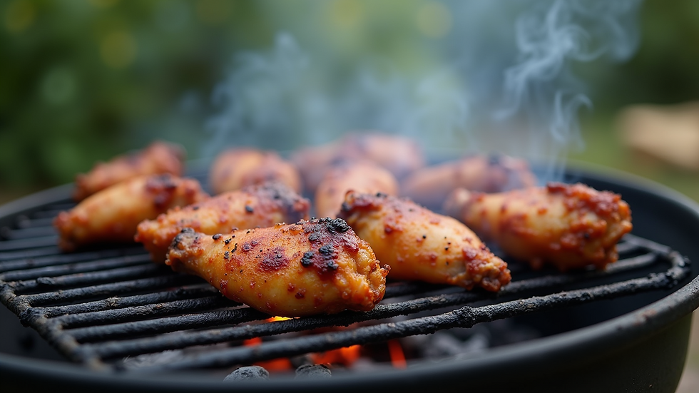 Eye-level view of chicken wings cooking on a charcoal grill with smoke rising