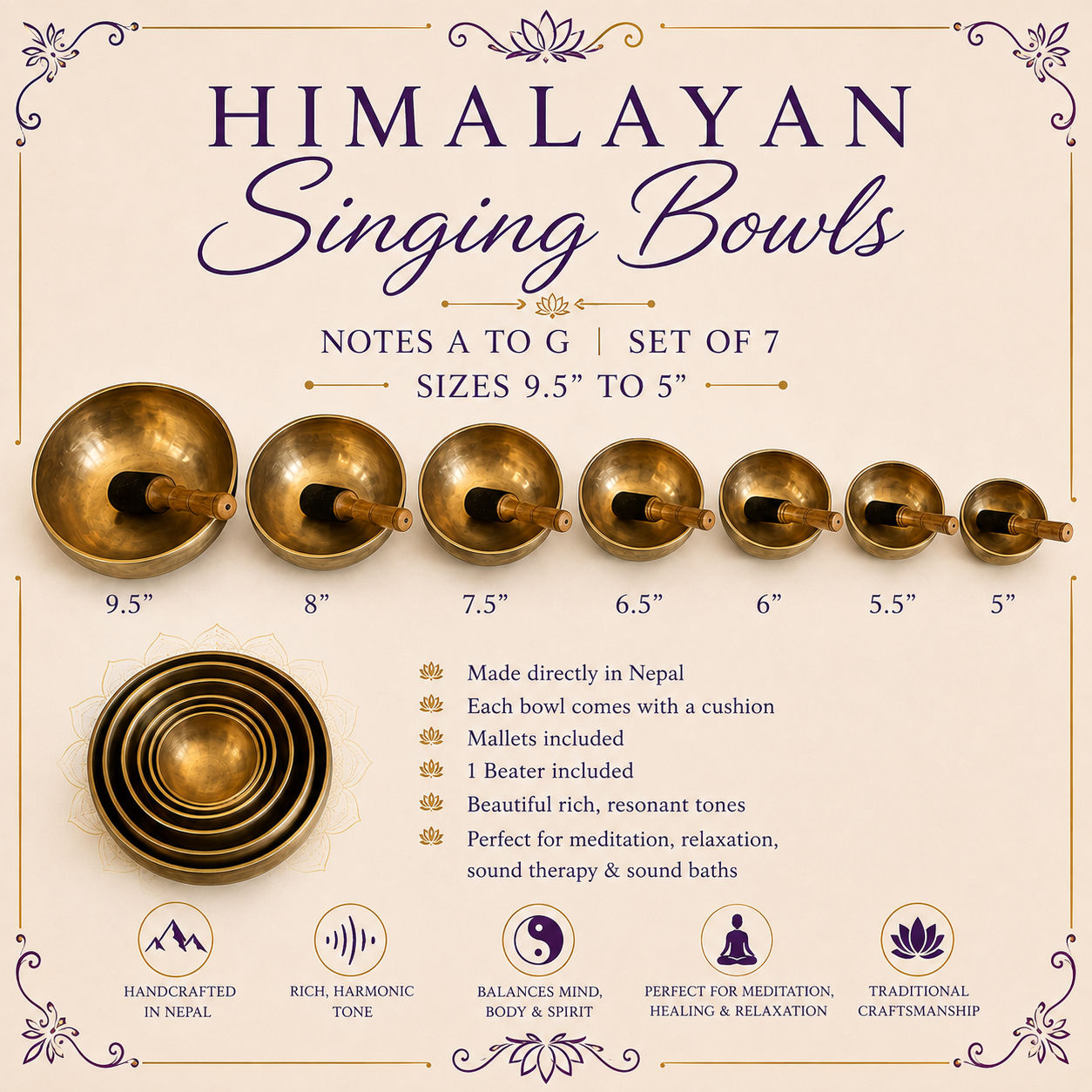 Himalayan Singing Bowls 9.5” to 5”