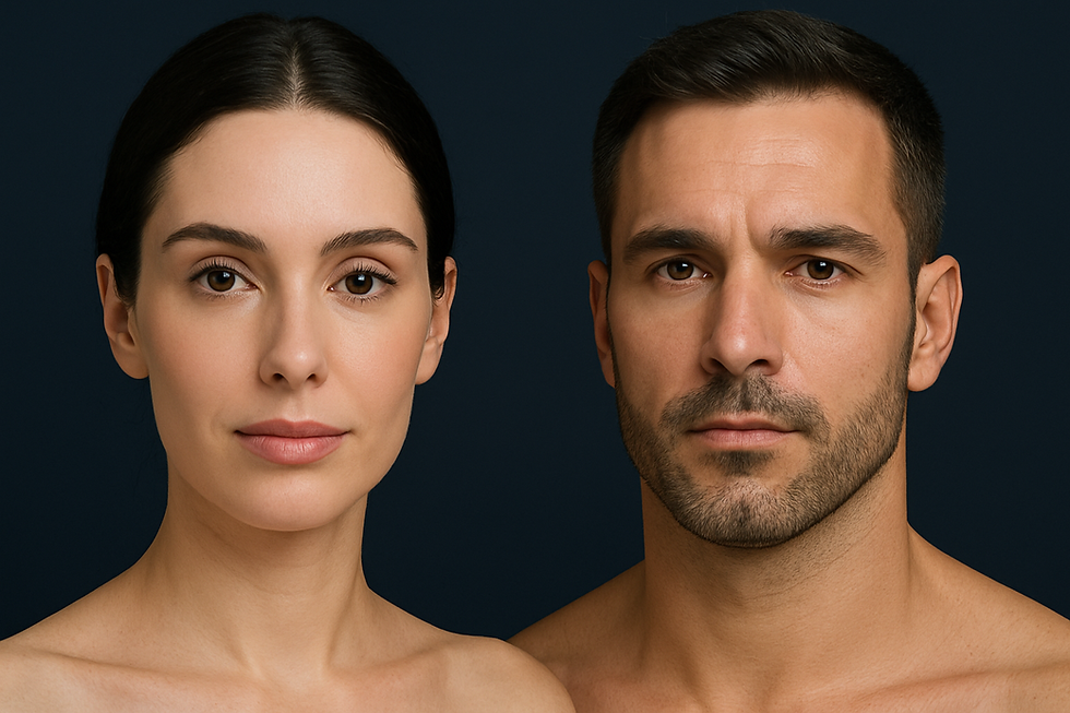 Profile view of a woman with a defined jawline and smooth skin, set against a soft beige background. Text on the right reads: ‘Sculpted Confidence – Jawline Contouring, Gender-Affirming Aesthetics & Body Enhancements – Harley Cosmetics London.’ The image promotes non-surgical facial and body treatments with a focus on natural results and gender-affirming care.
