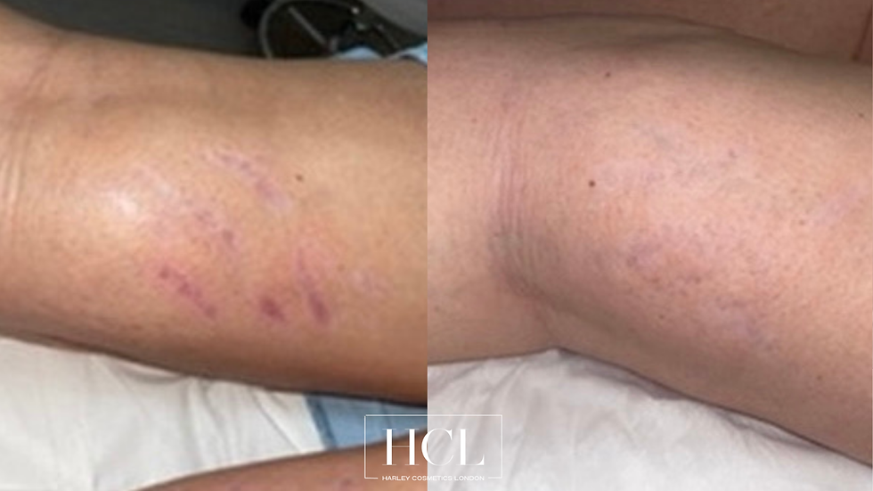 Before and after stretch mark removal at Harley Cosmetics London showing smoother texture, reduced stretch mark visibility and improved skin tone after Morpheus8 and collagen-stimulating treatments.