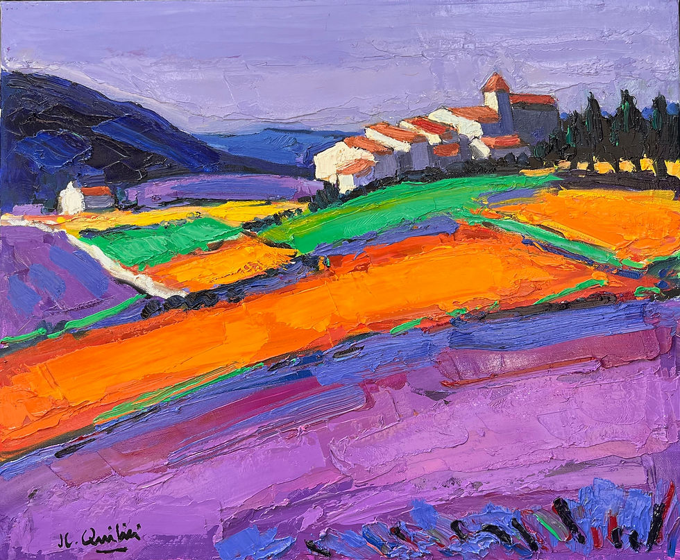 Lavandes et blés devant le village